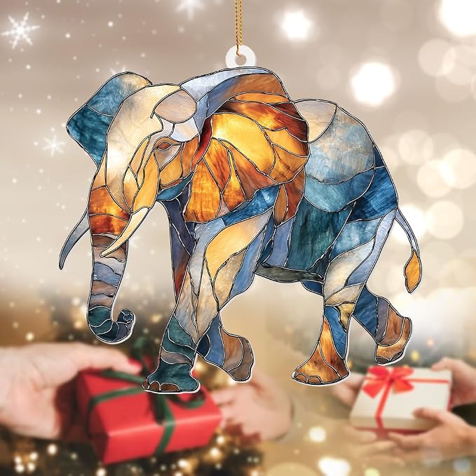 Elephant Ornament Stained Glass Style Acrylic – Window Hanging Suncatcher, Elephant Gifts for Women, Wildlife Animal Decor, Rearview Mirror Ornament, Holiday Christmas Tree Decorations(Sun-27)