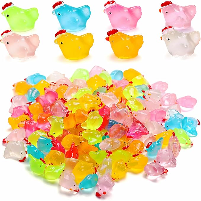 80 Pcs Luminous Mini Chicken, Resin Miniature Animal Figures in 8 Colors - Glow in Dark, Perfect for DIY Projects, Garden, Dollhouse, Aquarium Decor - Glows at Night
