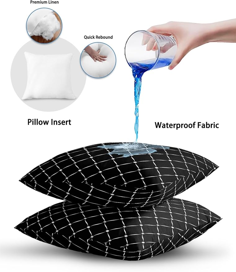 Waterproof Outdoor Pillow 1 Pack Black Grid Plaid Decorative Throw Pillows Cover & Insert 16x16 Inch Pillowcase Diagonally Crossed Lines Pillows for Couch Sofa Bed Patio Furniture Indoor Outdoor