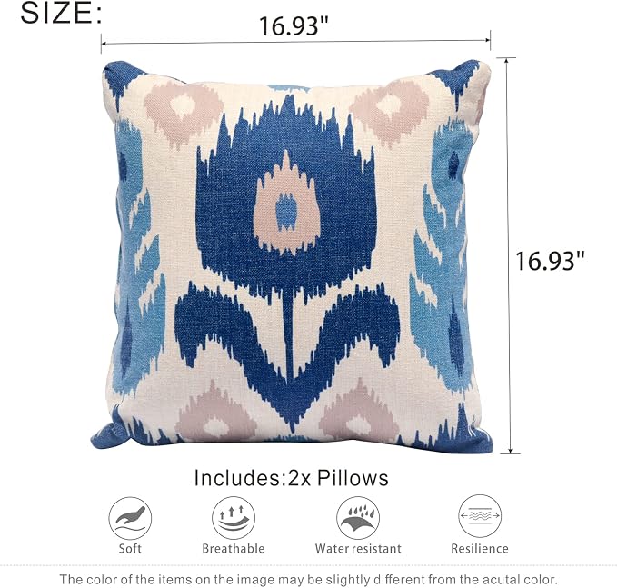 HOOOWOOO Outdoor Patio Throw Pillows Set of 2 with Inserts,Small Firm toss Decorative Pillow Weather Resistant for Indoor Outdoor Chair, Sofa Furniture,17x17,14x14x5,Blue Flower