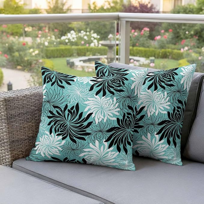Yukro Teal Black Floral Outdoor Waterproof Pillow Covers Pack of 2, Vintage Teal White Black Flower Decorative Throw Pillowcases Cushion Covers for Garden Patio Tent Sofa Couch, 18x18 inch