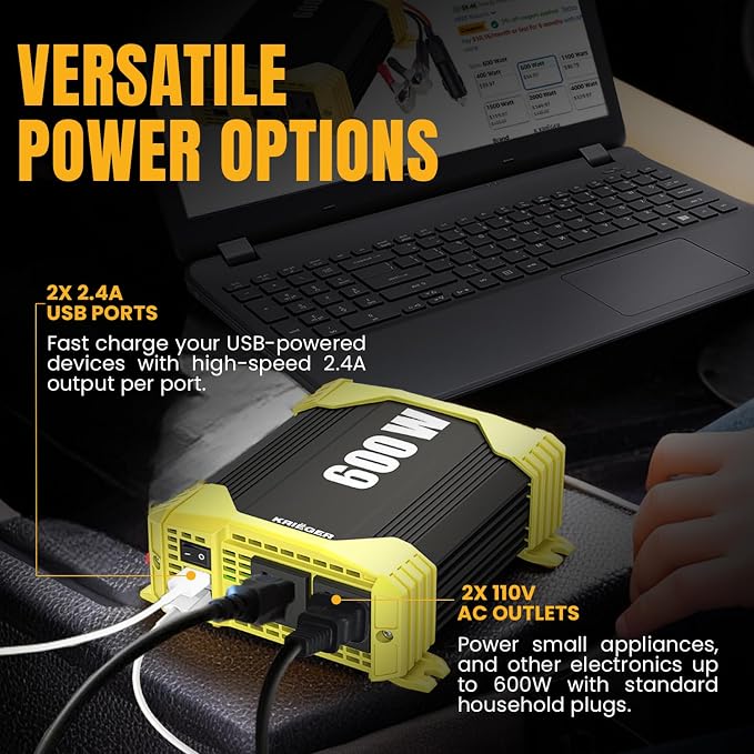 K KRIËGER 600 Watt Power Inverters for Vehicles, 12V to 110V, Car Charger with Plug Outlet, Modified Sine Wave, 2 AC Outlets, USB Ports, Cigarette Lighter & Clamps - ETL Approved Under UL STD 458