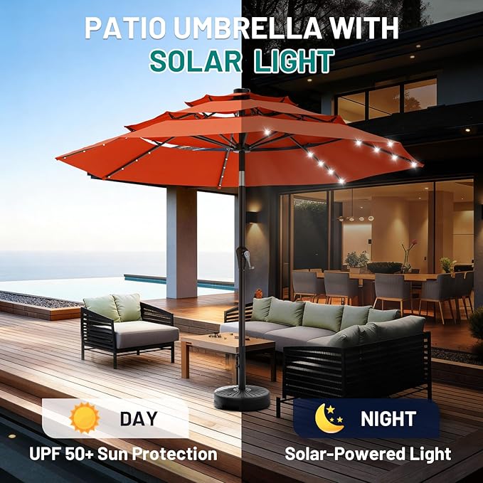 AreShark 9ft 3 Tiers Patio Umbrella with Solar Lights, Outdoor Umbrella w/ 32 LED Lights&8 Sturdy Ribs, Table Umbrella for Deck, Backyard, Pool (Orange)
