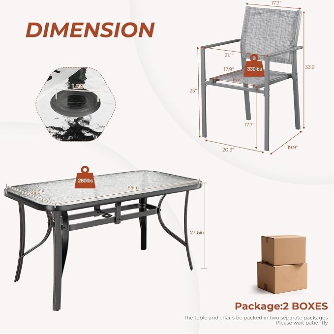 TLSUNNY 7 Piece Patio Dining Set for 6, Outdoor Table and Chairs W/1.69" Umbrella Hole & Metal Frame, 30"X 55" Rectangular Glass Table and Patio Textilene Stackable Chair W/Armrests, for Lawn Deck