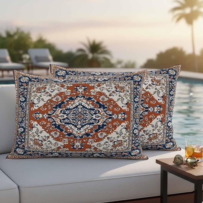 Orange Blue Boho Southwestern Outdoor Pillow Covers 20x12 Inch Lumbar Pillow Covers Set of 2 Waterproof Decorative Throw Pillow Cases Traditional Ethnic Classical Cushion Covers for Patio Furniture
