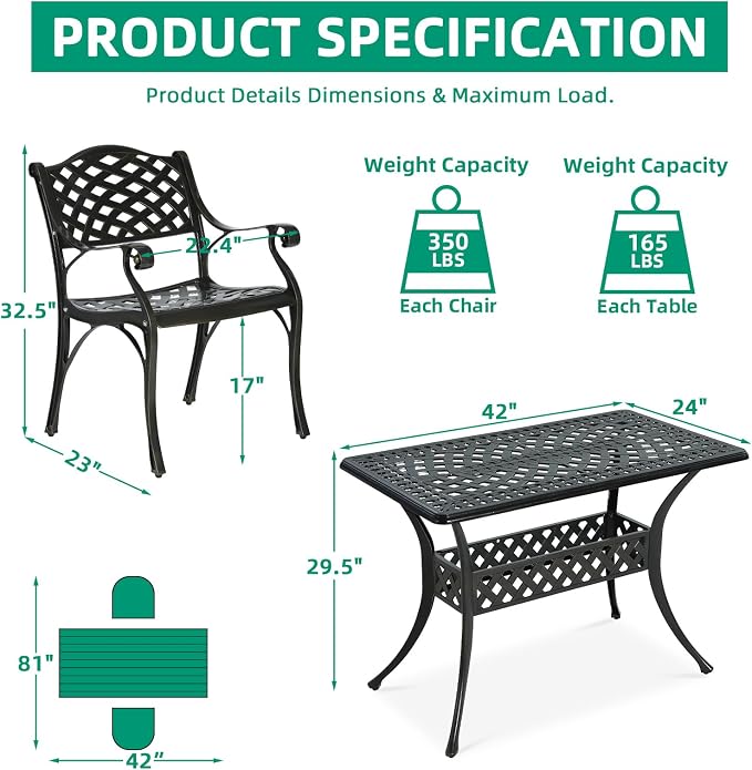 VIVIJASON 3 Piece Patio Bistro Set, Cast Aluminum Outdoor Dining Set with 42" x 24" Rectangular Table and 2 Chairs, Rust Proof & Weather Resistant Furniture for Small Balcony, Porch, Garden, Deck