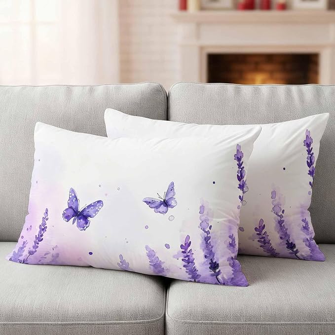 Spring Purple Lavender Outdoor Waterproof Throw Pillow Covers Set of 2, 20"x12", Country Watercolor Purple Floral Butterfly Decorative Pillow Covers Outside Cushion Case for Patio Porch Garden