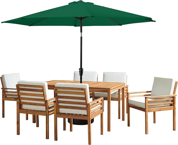 Alaterre Furniture Okemo 8 Piece Outdoor Dining Set with Umbrella - Solid Acacia Wood Outdoor Furniture Set with 63” Patio Table, 6 Patio Chairs, and 10ft Hunter Green Umbrella
