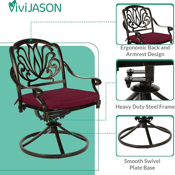 VIVIJASON 5-Piece Outdoor Patio Dining Set, All-Weather Cast Aluminum Conversation Set, Patio Furniture Set, Include 4 Swivel Dining Chairs, a 35.4" Square Table w/Umbrella Hole, Red Cushion