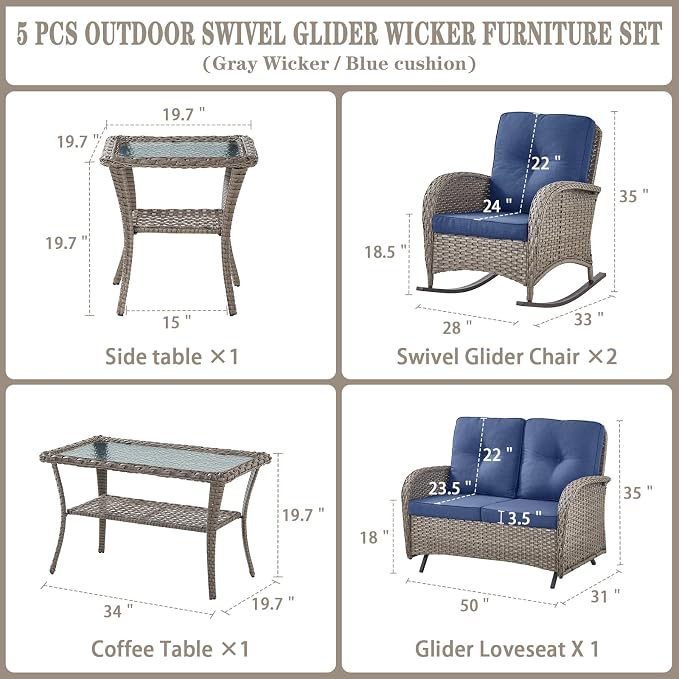 Belord 5 Piece Outdoor Conversation Patio Furniture Set - All-Weather Wicker Patio Rocking Chairs with Loveseat Glider Chair and Coffee Table for Patio Deck Porch Backyard Gray Wicker Blue Cushion