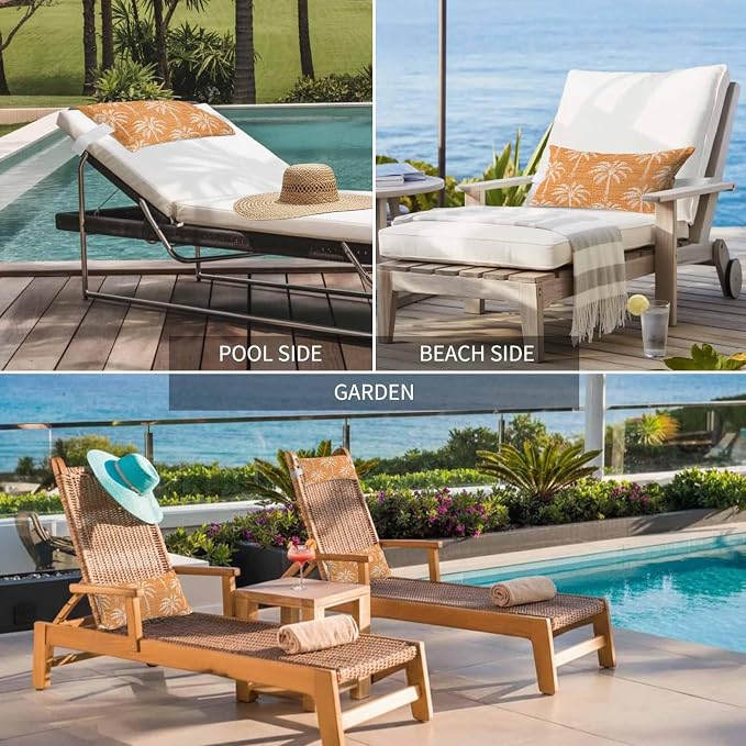 Outdoor Pillow for Chaise Lounge Chair Orange Palm Tree Summer Headrest Pillow with Adjustable Elastic Strap Set of 2,12x20 inch, Tropical Plant Retro Boho Waterproof Head Pillows for Patio Pool