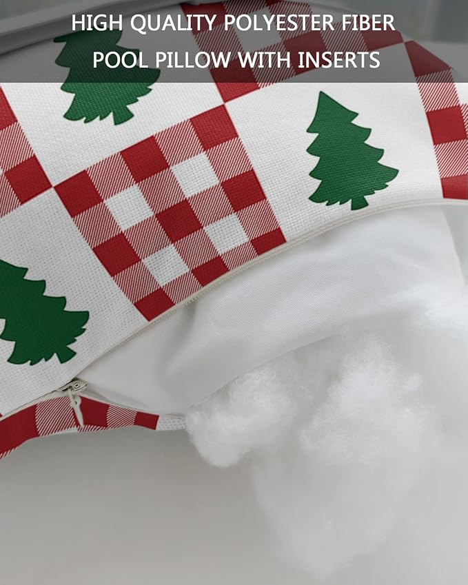 Outdoor Pillows Covers with Inserts Green Christmas Tree and Red Plaid Waterproof Recliner Pillow with Adjustable Strap Throw Pillows for Patio Furniture Pool Lounge Chair, 12x20 inch, 2PCS