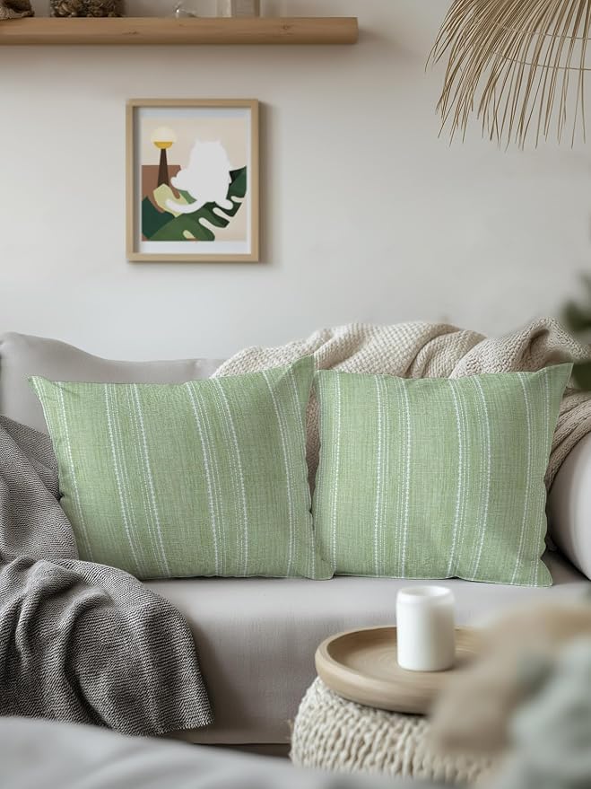 Waterproof Outdoor Pillow Set of 2 Olive Green Linen Stripes Decorative Throw Pillows Cover & Insert 18x18 Inch Pillowcase Parallel Vertical Lines Pillows for Couch Sofa Bed Patio Furniture