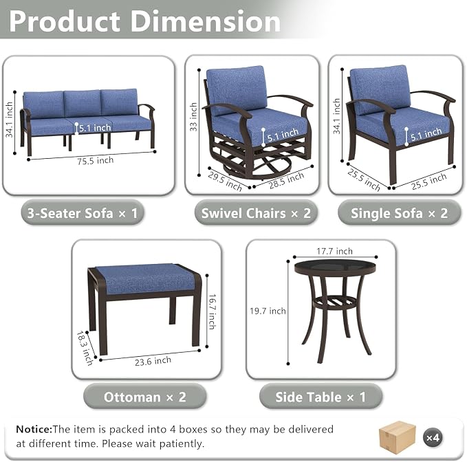 Kullavik Aluminum Patio Furniture Set,8 Piece Modern Metal Outdoor Patio Furniture w/5.1'' Thick Cushion,Swivel Chairs and Ottomans,Patio Conversation Sets for Porch,Deck,NavyBlue