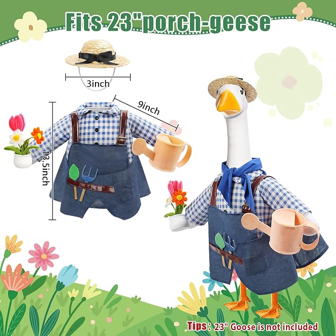 GJL Gardener Porch Goose Outfit Fits 23 Inch Cement Plastic Goose Statue, 2-Piece Porch Goose Clothes with Hat, Tools, Scarf, Watering Can & Flower Pot Design for Spring Summer Garden Yard Lawn Decor