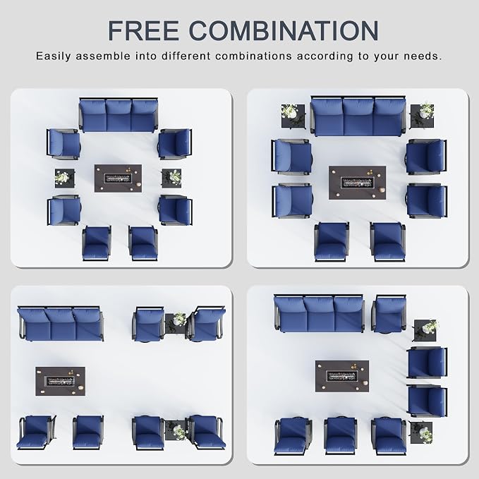 10 Pieces Patio Furniture Set, Metal Outdoor Conversation Sets with Fire Pit Table and Swivel Chairs for Backyard Garden Deck Porch Poolside (Thick Blue Cushions)