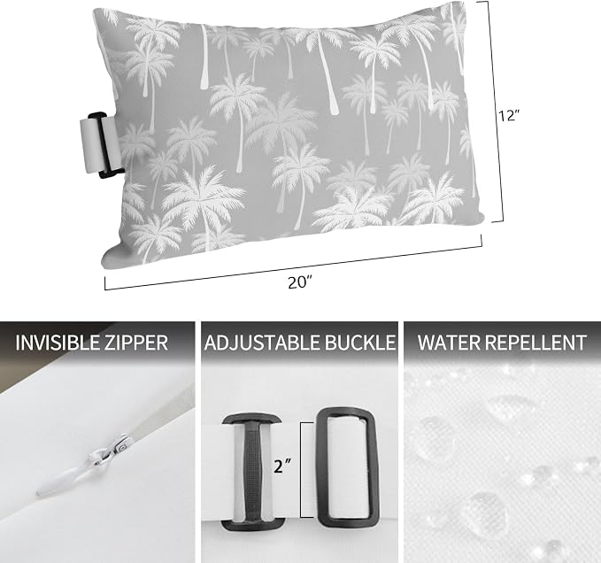 Tropical Palm Tree Outdoor Pillows for Chaise Lounge Chair Waterproof Lumbar Pillows with Insert&Adjustable Elastic Strap Beach Headrest Pillow Gray White Plants Coastal Leaf Beach Pool Pillow 12"x20"