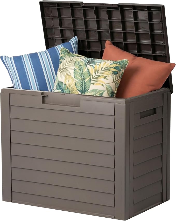 IRIS USA 35-Gallon Outdoor Deck Storage Box, Lockable & UV-Protected, Weather-Resistant Patio Storage for Cushions, Garden Tools & Packages, Waterproof Resin, Durable & Stylish Design - Brown