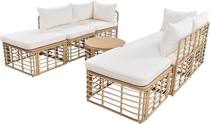 LUMISOL 7-Piece Patio Furniture Set, All-Weather PE Rattan Wicker Sectional Sofa Set with Thick Cushions & Pillows, Modular Outdoor Conversation Set for Patio Backyard Garden Balcony, Beige