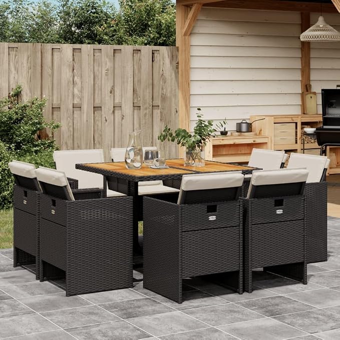 9-Piece Outdoor Dining Set with Cushions Black PE Rattan Patio Furniture Set for Garden Backyard Balcony