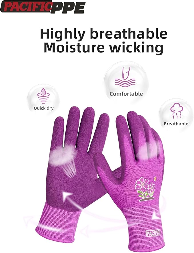 PACIFIC PPE 2 Pairs Gardening Gloves for women and Ladies, Rubber Coated Garden Gloves, Outdoor Protective Work Gloves, Medium Size fits Most, Purple & Red