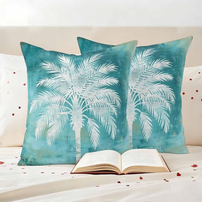 Teal Summer Palm Tree Outdoor Waterproof Pillow Covers, Coastal Beach Tropical Botanical Decorative Square Throw Pillowcase, Vintage Sofa Cushion Sham for Patio/Couch/Chair, 24"x24" 2 Pack