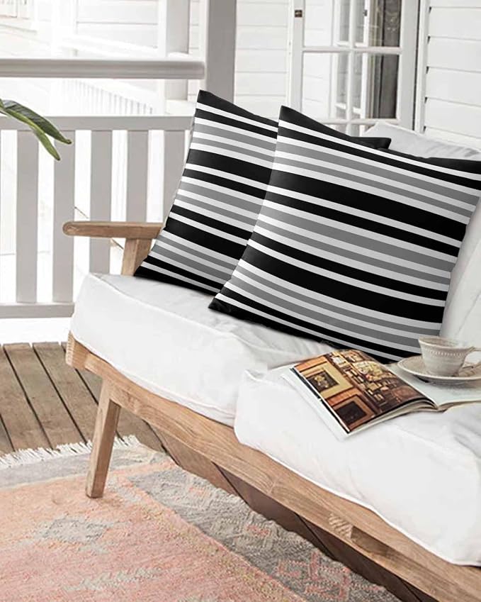 Outdoor Waterproof Throw Pillows Classic Gray Black Striped Patio Pillows Pack of 2,Decorative Pillow Covers with Insert,Pillow Cushion Case for Garden Couch Sofa Minimalist Lines