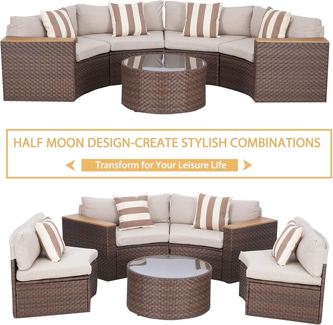 Incbruce Outdoor Half Moon Patio Furniture 5-Piece Curved Outdoor Sofa, All-Weather Outdoor Sectional Furniture Patio Conversation Sets with Round Tempered Glass Top Table(Brown Cushions)