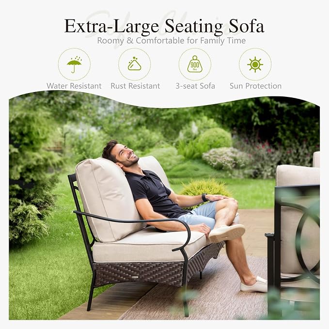 Sophia & William Patio Furniture Set, 4 Piece Metal Outdoor Conversation Set with 3-Seater Outdoor Couch, 2 Sofa Chairs, 1 Coffee Table for Outdoor Seating, Backyard, Porch(Beige)