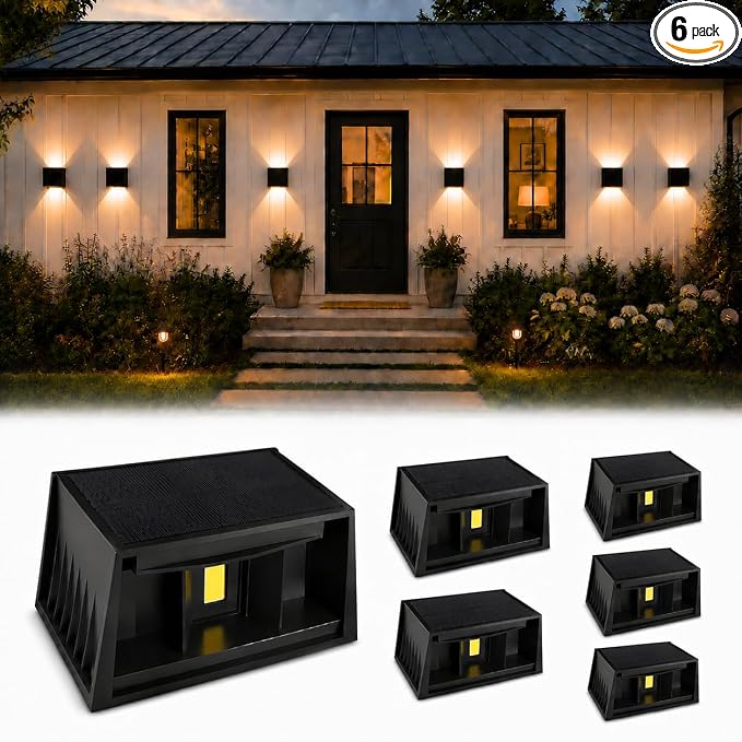 T-SUN Solar Wall Lights Outdoor 6 Pack, 3000K Up Down Solar Wall Sconce | IP65 Waterproof Decorative Accent Lights for Front Porch, Garage Wall, Back Patio, Fence Corner, Pathway Entry