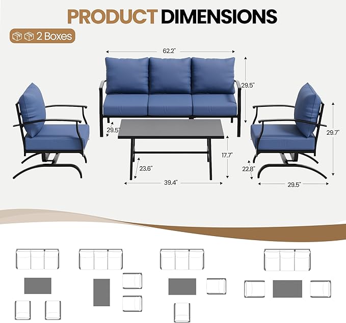 4 Piece Patio Furniture Set, Metal Outdoor Patio Furniture Set, All Weather Modern Couch Sofa with Comfortable Cushions & Coffee Table, Metal Conversation Set for Balcony, Porch, Deck (Navy)