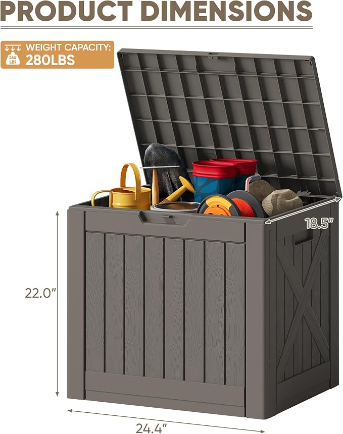 JUMMICO 42 Gallon Deck Box Waterproof, Resin Outdoor Storage Box with Side Handles, Outdoor Storage Benches Lockable for Patio Cushions and Garden Tools (Brown)