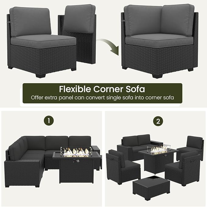 LayinSun 7 Pieces Outdoor Patio Furniture Set with 44" Fire Pit Table Rattan Sectional Sofa Conversation Sets
