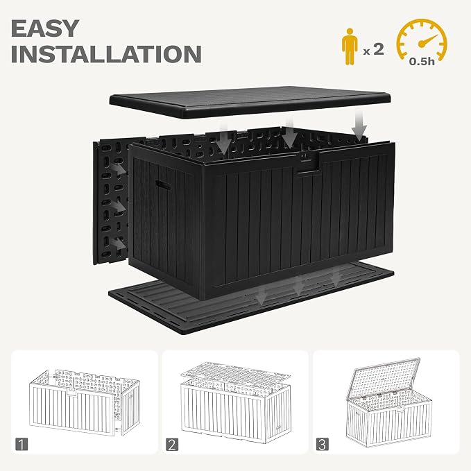 DWVO 180 Gallon Resin Outdoor Storage Box, XXL Double-Wall Waterproof Deck Box, Doubles as Table or Seating with 1000 lbs Capacity, Lockable (Black)
