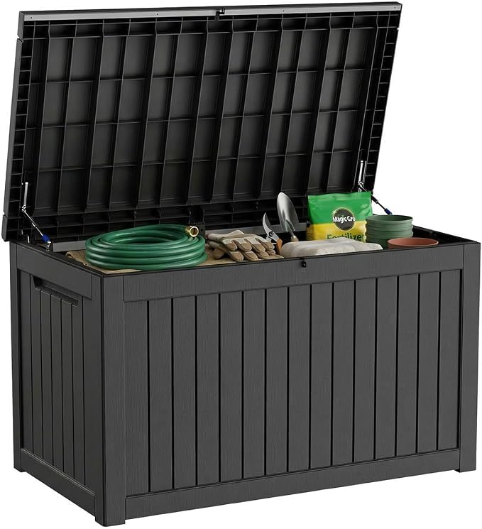 Vixzen 280 Gallon Large Outdoor Storage Box Waterproof, Resin Deck Box with Hydraulic Rod & Lockable Latch for Patio Furniture, Black