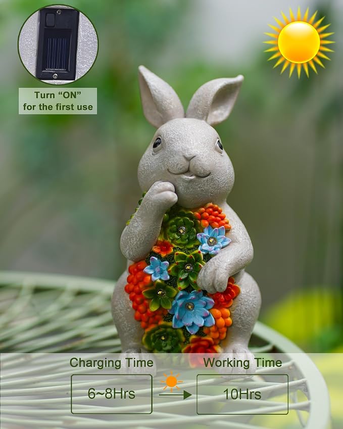 Nacome Solar Garden Outdoor Statues Bunny with Succulent | 7 LED Lights, Lawn Decor Statue for Patio, Balcony, Yard Ornament, Gifts for Mom Grandma Women