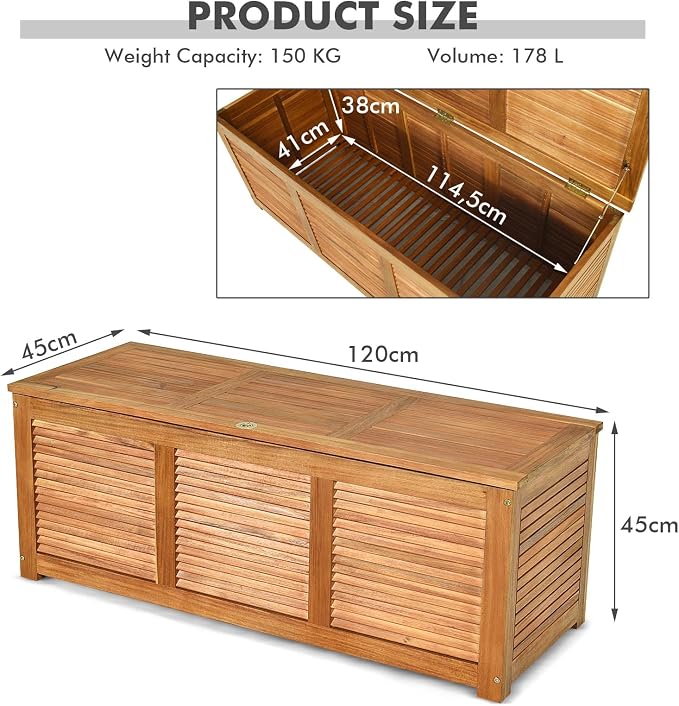 FANTASK 47 Gallon Wooden Deck Box, Outdoor Acacia Wood Garden Backyard Organization, Storage Bench for Patio Furniture Gardening Tools Toys Cushions