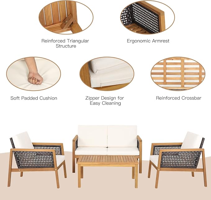 4 Pieces Outdoor Acacia Wood Furniture Set, PE Wicker Conversation Set with Coffee Table and Soft Cushions, Sofa for Garden, Poolside and Backyard (1, Off White)