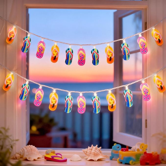 8.5Ft Summer Beach Themed Outdoor Lights, 10L LED Flips Flops String Lights | Plug in Waterproof for Indoor and Outdoor Holiday Summer, Beach Tent, Luau Aloha Hawaiian Tropical Camping Party Décorations