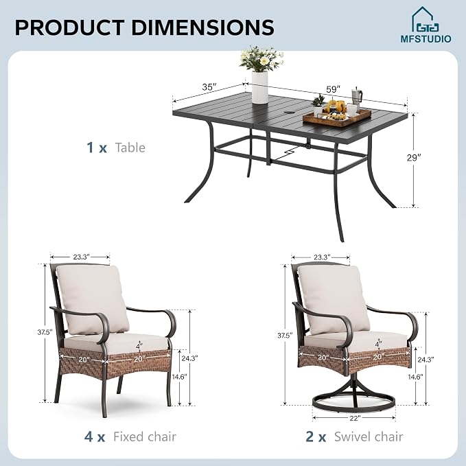 MFSTUDIO Outdoor Patio Dining Set for 6, Outdoor Table and Chairs for 6, Rectangular Metal Table with 2 Swivel Chairs & 4 Leg Chairs, 7 Pieces Patio Dining Furniture Set, 1.57-1.9'' Umbrella Hole