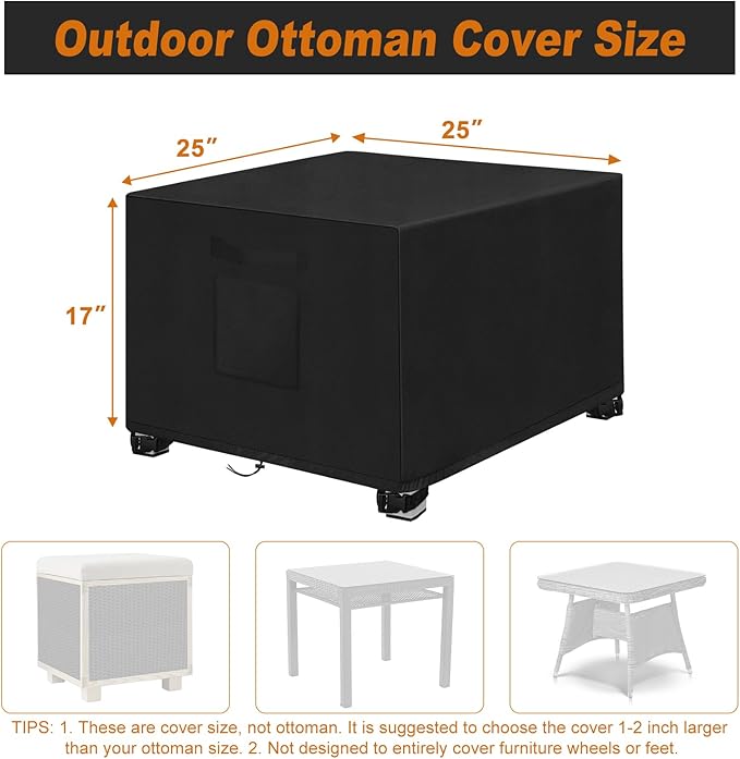 LYHNMW Outdoor Patio Ottoman Cover, 1PCS 25"L x 25"W x 17"H Waterproof Furniture Covering Protector, 600D Heavy Duty Patio Furniture Cover with Padded Handles(Black)