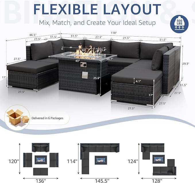 NICESOUL 8 Seater Outdoor Patio Furniture Sectional Sets with Firepits Table Natural Gas Propane, 29.3'' High Back Comfy Wicker Conversation, 9 Piece Deep Wide Modern Modular Sofa for Backyard, Grey