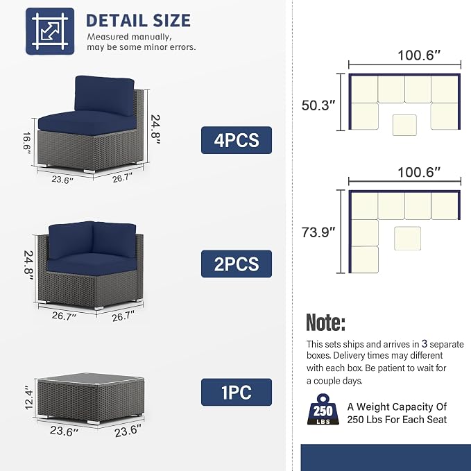 SUNCROWN 7-Piece Outdoor Patio Furniture Sofa Set All-Weather Black Wicker Sectional Cushioned Washable Seat Conversation Set with Modern Glass Coffee Table and Cushions, Backyard, Garden, Dark Blue