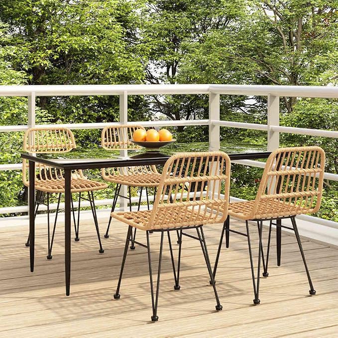 5 Piece Patio Dining Set Poly Rattan Outdoor Furniture with Tempered Glass Table and 4 Chairs, Weather Resistant PE Rattan Wicker Dining Table and Chairs for Garden Backyard Poolside, Black