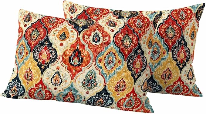 Bohemian Floral Outdoor Pillow Covers 20"x12" Set of 2, Moroccan Exotic Colored Floral Waterproof Throw Pillow Covers for Patio Furniture, Decorative Cushion Covers for Porch