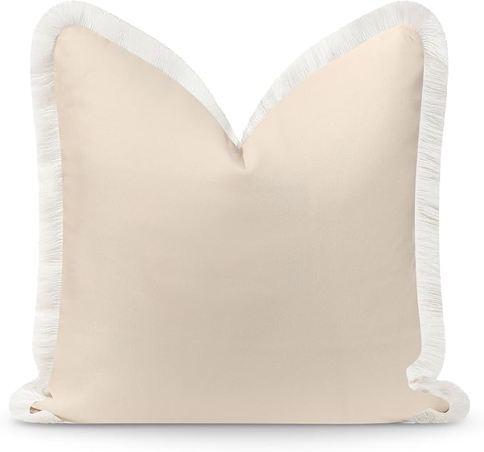 Hofdeco Premium Coastal Hampton Patio Indoor Outdoor Throw Pillow Cover Only, 22"x22" Water Repellent for Backyard, Couch, Poolside, Neutral Tan Print Solid