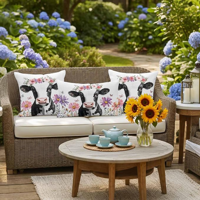 Flowers Cow Waterproof Outdoor Pillow Covers Set of 2 Home Decor, Spring Botanical Floral Plants Butterfly Pillowcase Patio Pillow Covers for Couch Bench Furniture Garden 26x26in