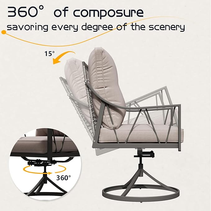 EROMMY 5-Piece Outdoor Patio Dining Set, 4 Wicker Swivel Rocking Chairs with 4" Cushions, 42" Round Table with Adjustable Umbrella Hole for Yard, Backyard, Black
