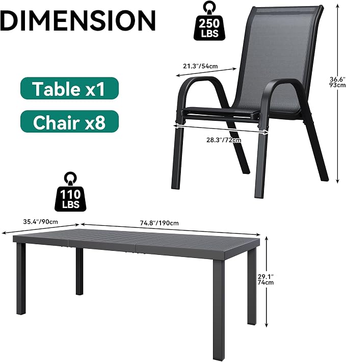 YITAHOME Stackable Patio Dining Set for 8, Breathable Outdoor Dining Set w/75 Aluminum Patio Table & 8 Stackable Patio Chairs Set, All Weather Outdoor Patio Dining Set for Backyard Deck Porch, Black