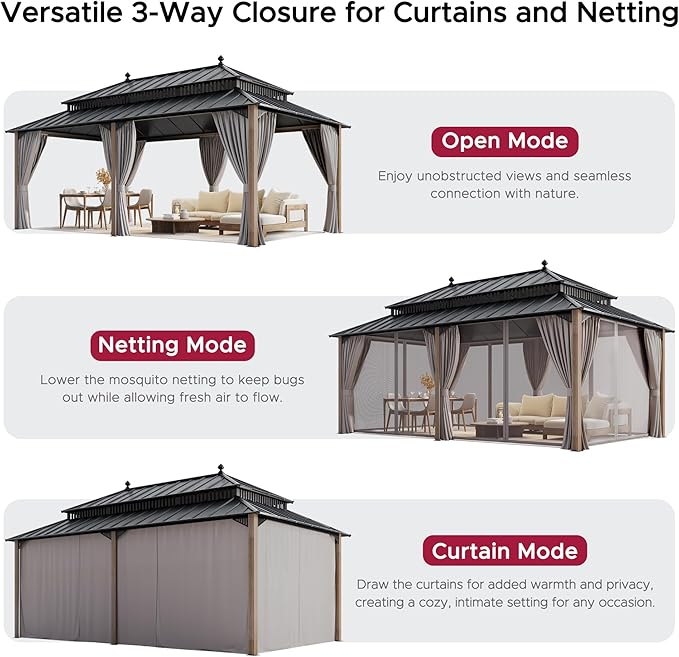 SUNJOY Kingston 20' x 12' Hardtop Wood Gazebo with Galvanized Steel Double Roof, Curtain and Netting, Cedar Posts Permanent Pavilion Gazebo for Garden, Patio, Deck, Lawn